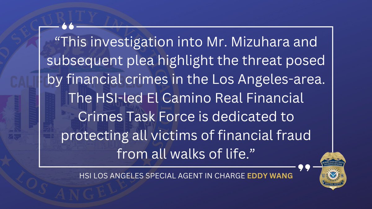 Thanks to the relentless efforts of the #HSI-led ECR task force with @IRSCI_LA and @USAO_LosAngeles, Mr. Mizuhara will plead guilty to #fraud. We are dedicated to protecting and seeking #justice for the victims of financial fraud in #LA and #SoCal