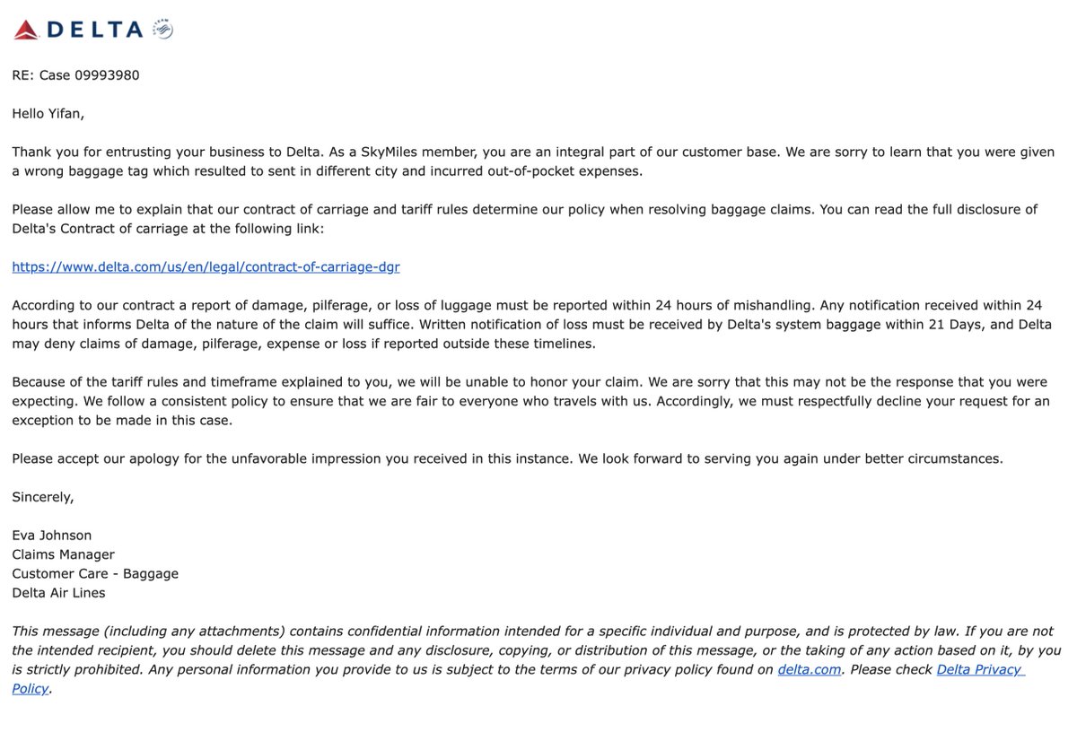 Delta sucks. Force tagged my carry-on at gate, sent them to wrong destination. And refuse to reimburse out-of-pocket expenses. Of course I reported within 24 hours. Ground staff forgot to give me a reference number. And that's enough for them to refuse my claim.  <a href="/Delta/">Delta</a>