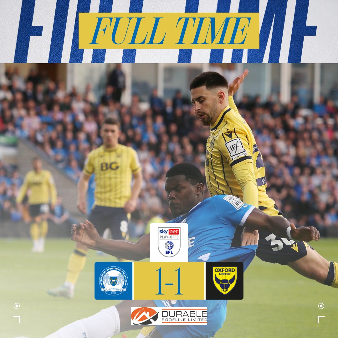Posh have given it their all, but Oxford United progress into the Sky Bet League One play-off final. Full-time brought to you by Durable Roofline. 🔵 1-1 🟡 | #pufc