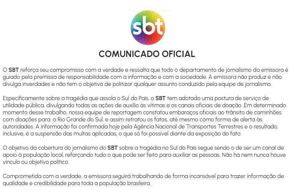 Após ser alvo de ataques nas redes sociais por apresentar a verdade, o SBT ainda é obrigado a emitir um comunicado oficial. (desgoverno)