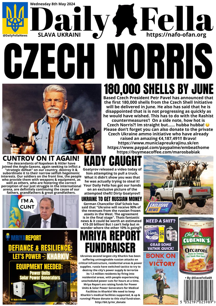 It’s late but it’s Daily Fella time. Read about the based Czech Norris, Kadyrov goes goating & Ukraine to get russian money. Please donate to the @MriyaReport fundraiser for generators for Kharkiv. bit.ly/mr_donate #DailyFella #DailyFellaNews #SlavaUkraini #NAFO