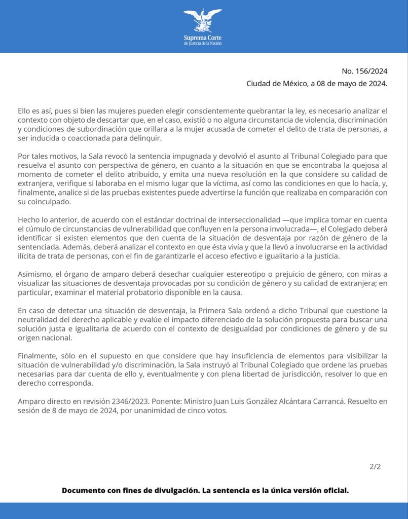 Las personas juzgadoras deben analizar con perspectiva de género los asuntos de trata de personas por parte de mujeres para descartar la existencia de violencia, discriminación o subordinación que las llevaron a cometer este delito: #PrimeraSalaSCJN bit.ly/3y5JDvs