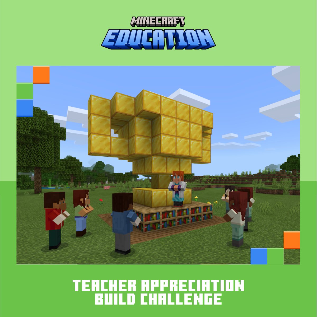 Hey parents! 🌟Encourage your kids to thank their amazing teachers for #TeacherAppreciationWeek with this Minecraft Education build challenge. 🏫 Share their creations with the tags #ThankaTeacher and #MinecraftEdu to join the celebration! 📎msft.it/6010Yy9fQ