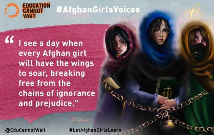 'I see a day when every Afghan girl will have wings to soar, breaking free from the chains of ignorance & prejudice.' @EduCannotWait's #AfghanGirlsVoices shines ✨ on young Afghan girls denied their basic right to #education. Read their testimonies➡️bit.ly/afghangirlsvoi… @UN