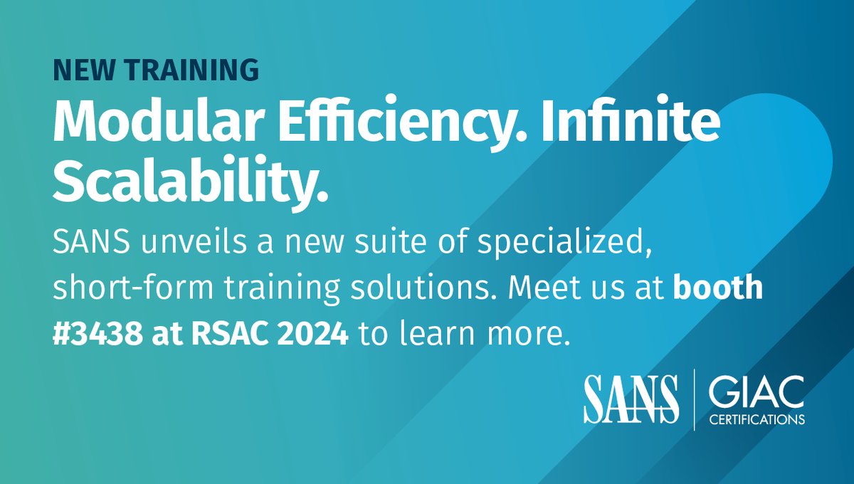 🆕 Discover new short-form training solutions from SANS at RSA Conference 2024. Visit us at SANS Booth #3438 at RSAC 2024 to see how we can customize these dynamic courses for your needs → sans.org/u/1vok @RSAConference | #Cybersecurity #RSAC