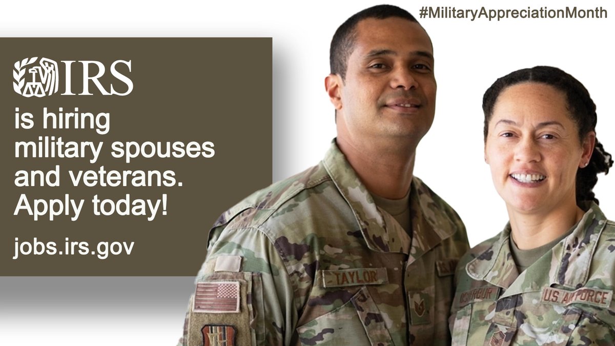 The #IRS has opportunities for #militaryspouses and #veterans. To learn more about them visit: ow.ly/7b8T50Ryse3 #Applytoday #MilitaryAppreciationMonth #jobsforvets #IRSjobs