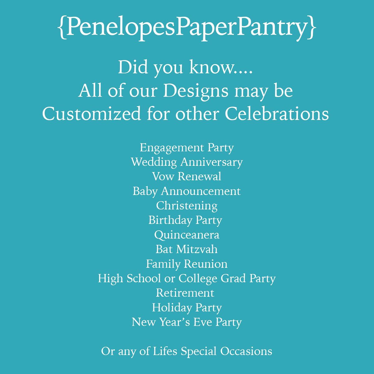 Did you know....
All of our Designs may be Customized for other Celebrations.
PenelopesPaperPantry.etsy.com
.
.
.
.
.
.
.
.
#wedding #wedo #inlove #bride #groom #brideandgroom #engagment #shesaidyes #ido #futuremrs #soontobemrs #bridal #inlove #weddingseason #penelopespaperpantry #sale