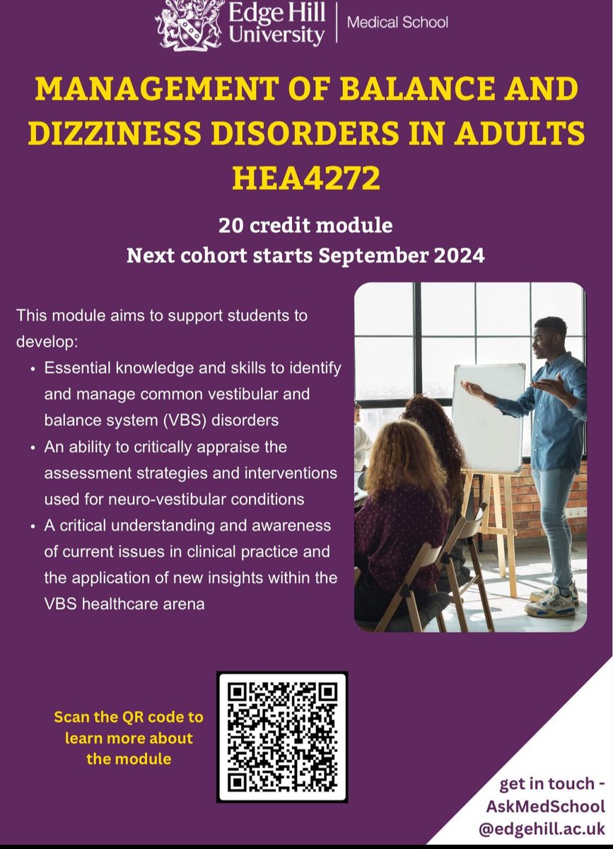 Masters module covering dizziness and balance in adults. Open to all professionals working with people who present with dizziness and balance problems edgehill.ac.uk/cpd-modules/ma…