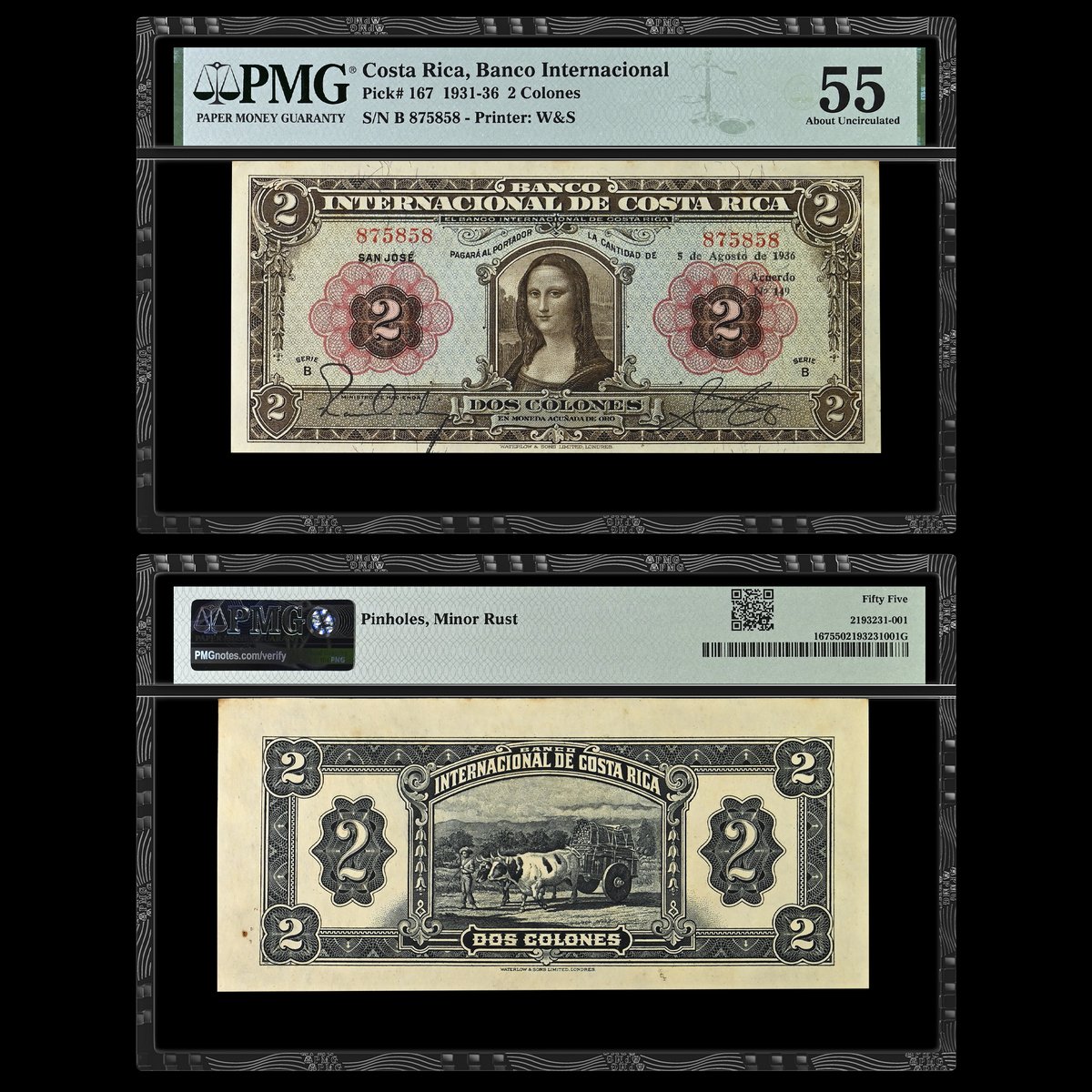 Note of the Day: This #WomenWednesday our focus is on the famed Mona Lisa, traditionally believed to be of Italian noblewoman Lisa del Giocondo. A depiction of the painting is seen on this Costa Rica, Banco Internacional 1931-36 2 Colones graded PMG 55 About Uncirculated.