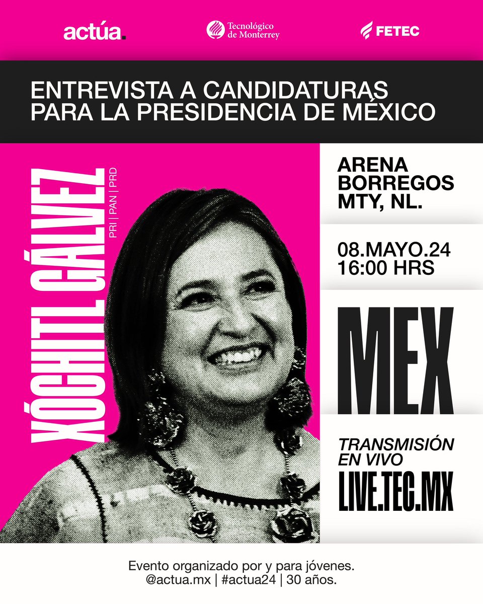 Rumbo a las elecciones más grandes de la historia de México 🗳️

Únete a la transmisión o evento presencial hoy a las 16:00 con 
<a href="/XochitlGalvez/">Xóchitl Gálvez Ruiz</a> , candidatura a la presidencia de México 🇲🇽 

¡Sigue la transmisión por live.tec.mx ! 

<a href="/TecdeMonterrey/">Tecnológico de Monterrey</a>
 #Actua24