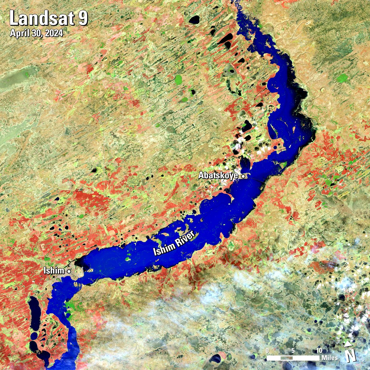 Unseasonably warm temperatures, melting snow, and heavy rainfall have triggered record-breaking #floods in #Russia and #Kazakhstan. #Landsat recently captured the floodwaters of the #IshimRiver surging north toward the village of #Abatskoye.