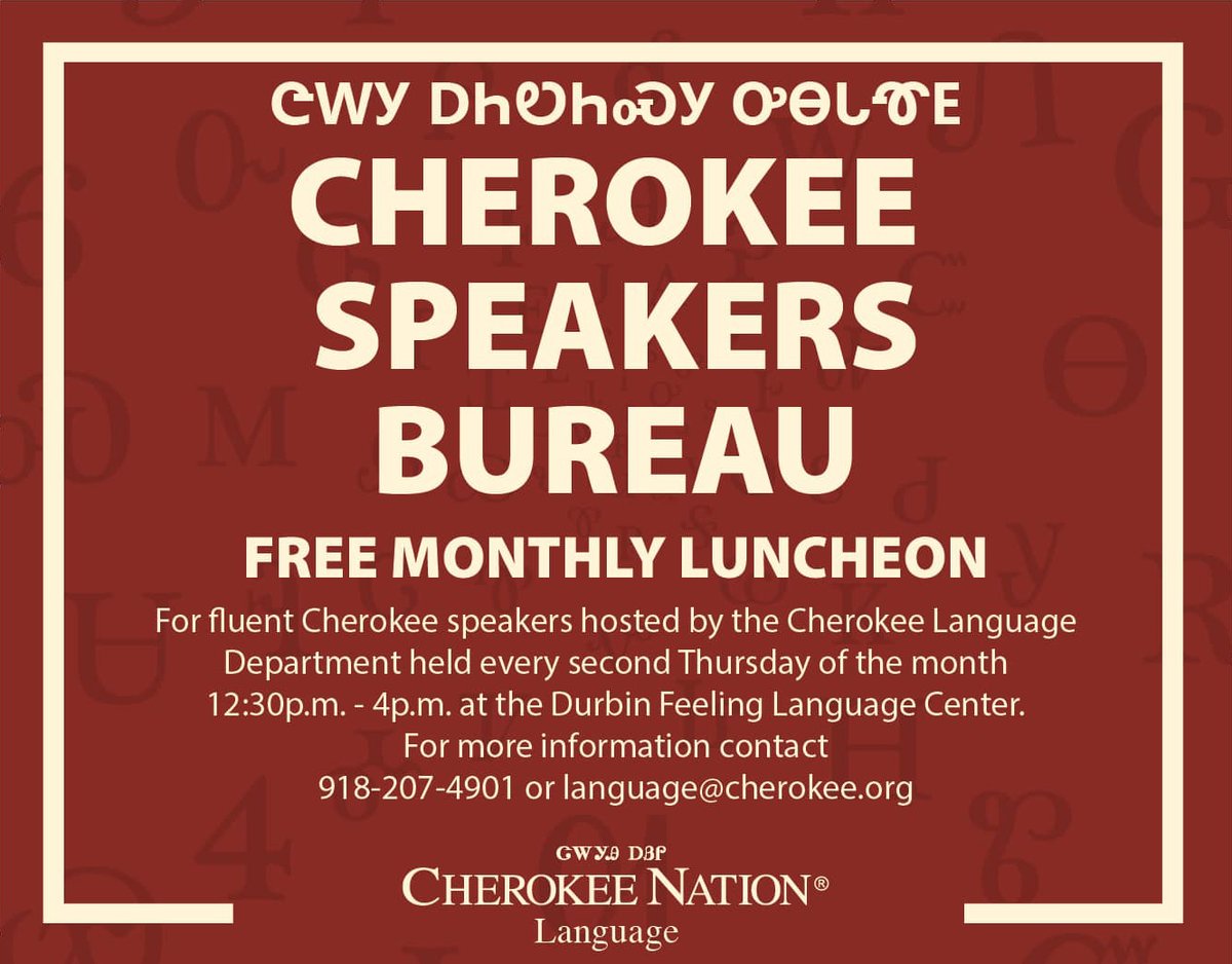 All fluent Cherokee speakers are invited to a free monthly luncheon held from 12:30 to 4 p.m. Thursday at the Durbin Feeling Language Center in Tahlequah. ❤️ Come speak Cherokee and enjoy food and fellowship! For more information: 918-207-4901 or email language@cherokee.org.