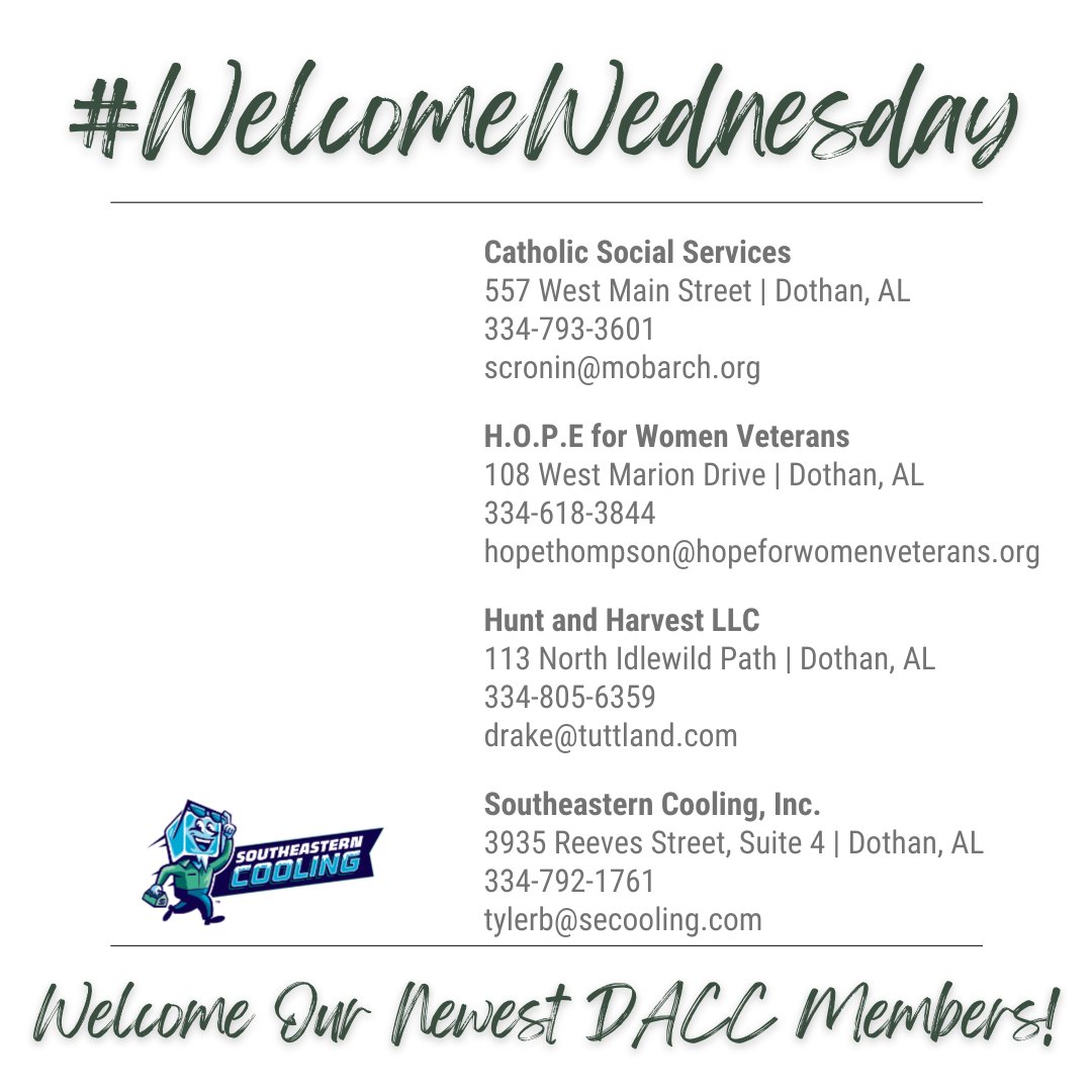 Join us in extending a warm welcome to our new members who joined the Dothan Area Chamber of Commerce this week! #NewMembers #WelcomeWednesday