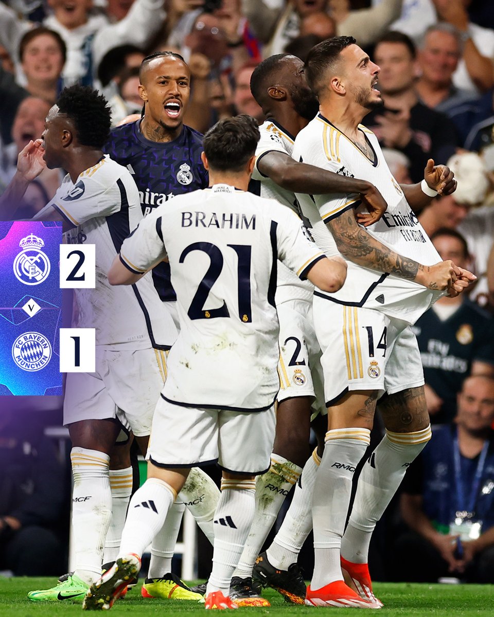 Real Madrid C.F. (@realmadrid) on Twitter photo 🙌 ¡ESTAMOS EN LA FINAL! 🙌
🏁 @RealMadrid 2-1 <a href="/FCBayernES/">FC Bayern München Español</a>
⚽ 68' Alphonso Davies
⚽ 88' <a href="/JoseluMato9/">Joselu Mato</a>
⚽ 90'+2' <a href="/JoseluMato9/">Joselu Mato</a>
#UCL | #APorLa15 🙌 ¡ESTAMOS EN LA FINAL! 🙌
🏁 @RealMadrid 2-1 <a href="/FCBayernES/">FC Bayern München Español</a>
⚽ 68' Alphonso Davies
⚽ 88' <a href="/JoseluMato9/">Joselu Mato</a>
⚽ 90'+2' <a href="/JoseluMato9/">Joselu Mato</a>
#UCL | #APorLa15