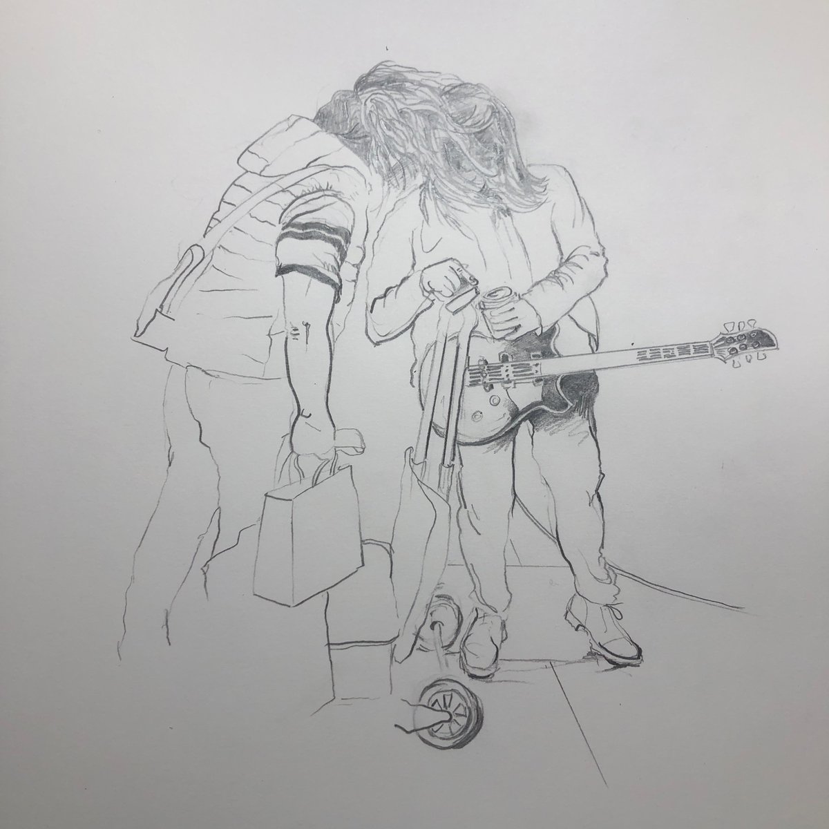 Windy day, busker helps a man with just as much long hair as him to pay him by card. Just pencil tonight, bit complicated to draw all that hair Enjoying @nadineshah session on @marcrileydj and @gidcoe show on @BBC6Music