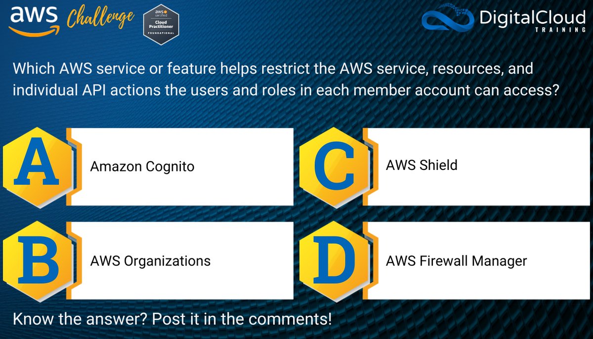 📣 #AWS CHALLENGE - Test your Knowledge [AWS Cloud Practitioner exam]

Know the answer? Post it in the comments below! 🙋

📌For additional FREE AWS practice questions, visit dct.news/free-aws-quest…

#awsquiz
#awschallenge
#awscloud
#awstraining