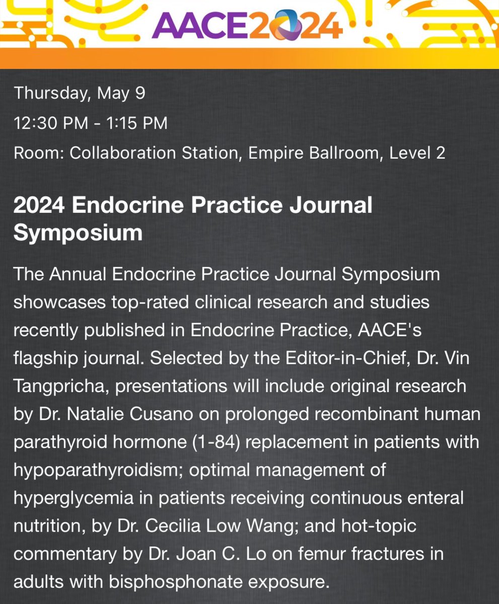 Mark your calendars at #AACE2024. Top articles in #EndocrinePractice to be discussed by the authors in the collaboration station. Topics include recombinant PTH in hypoparathyroidism, hyperglycemia management in patients on TPN and atypical fractures following bisphosphonates