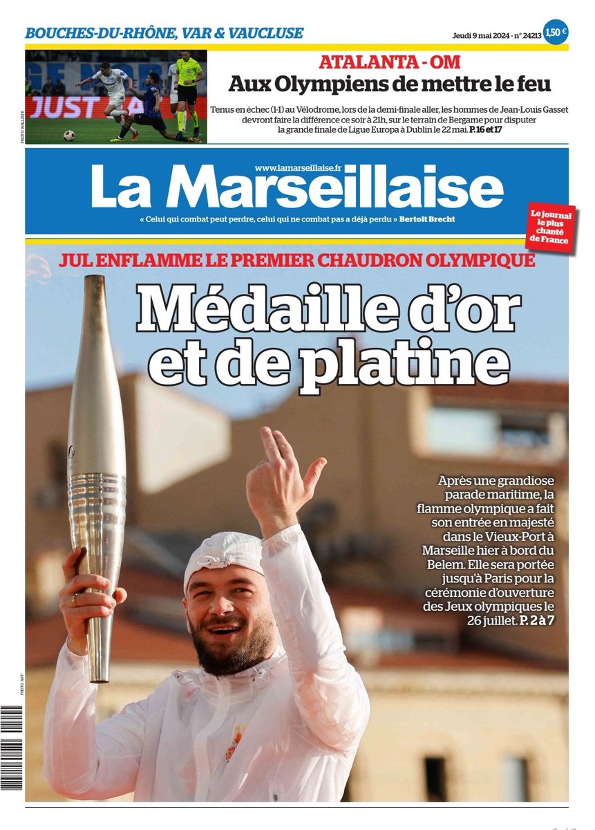 #ÀlaUne du 9 mai 2024 #JO2024 #Flamme #Paris2024 #Marseille #Jul #OM #TeamOM #ATAOM #AtalantaOM En kiosque et par abonnement sur lamarseillaise.fr