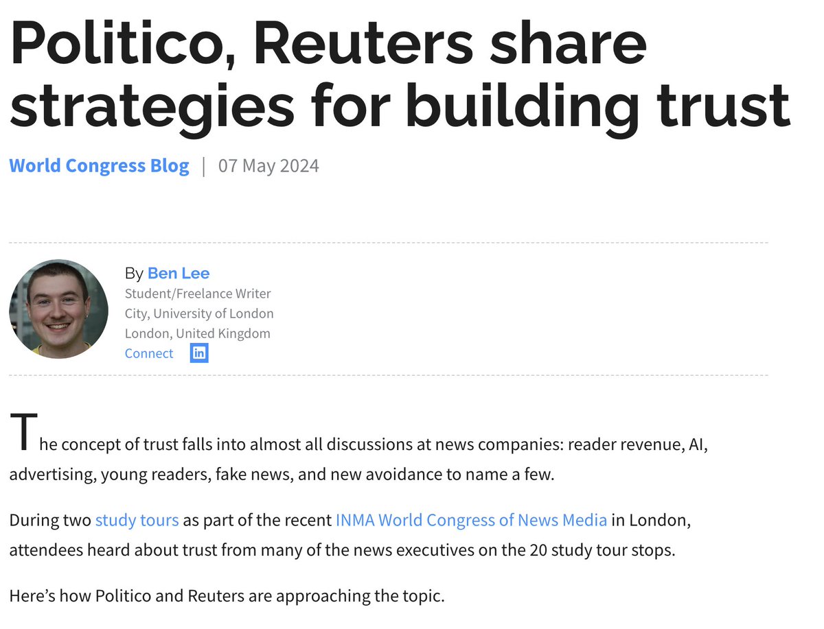 During the recent INMA study tour of London media companies, attendees heard from @Politico and @Reuters on how to build trust among readers. #INMA2024 ow.ly/N5an50Rz7iy