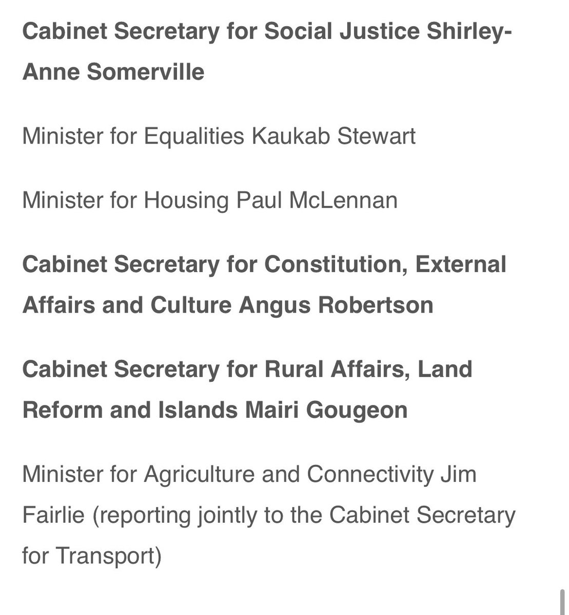 Full Scottish Government announced. There are 4 fewer ministers than there were at the start of the year. Notably, there is no place for a Minister for Independence in John Swinney’s team. @itvnews