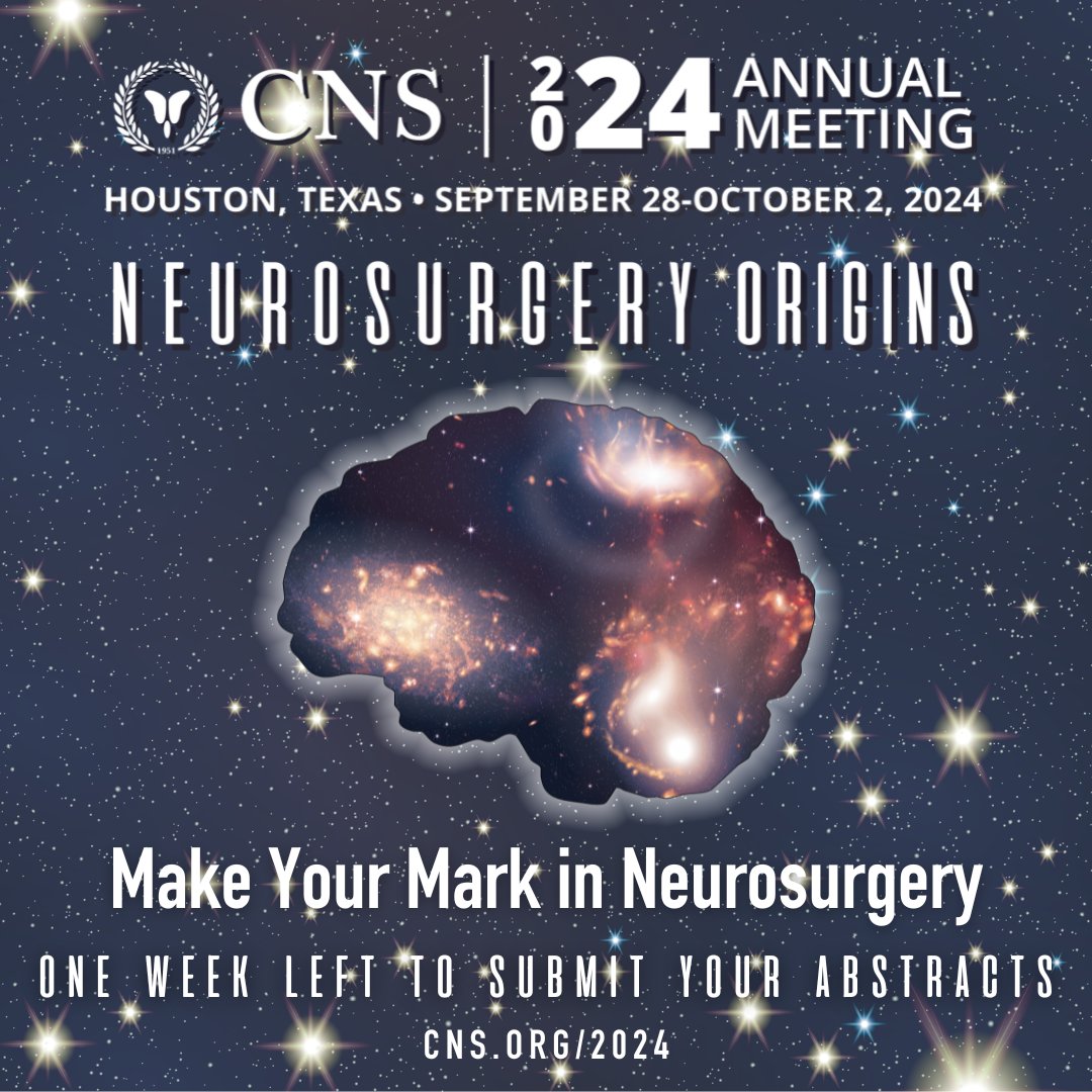 Less than one week left to submit your abstracts for the #2024CNS Annual Meeting in Houston, TX! With more opportunities to present your research than ever before, compile your work today and submit your science by May 14! cns.org/annualmeeting/… #abstracts #neurosurgery