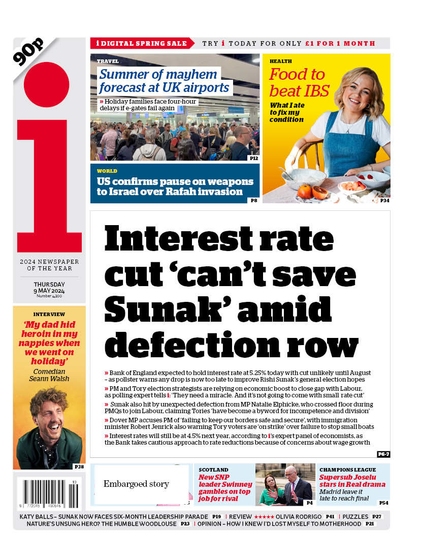 I: Interest rate cut ‘can’t save Sunak’ amid defection row #TomorrowsPapersToday