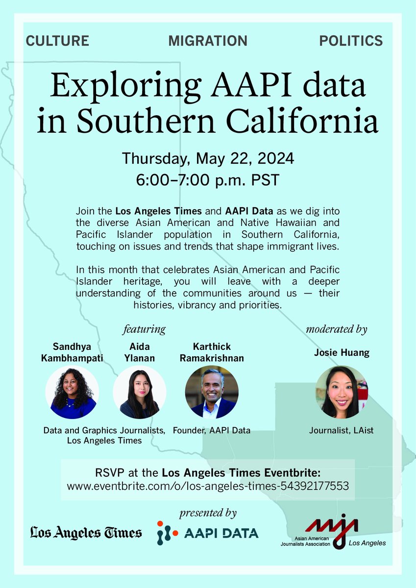 Join us on May 22 to talk about AAPI data in Southern California ft: me, @a1daylanan, @AAPIData, @josie_huang @AAJAla eventbrite.com/e/culture-migr…