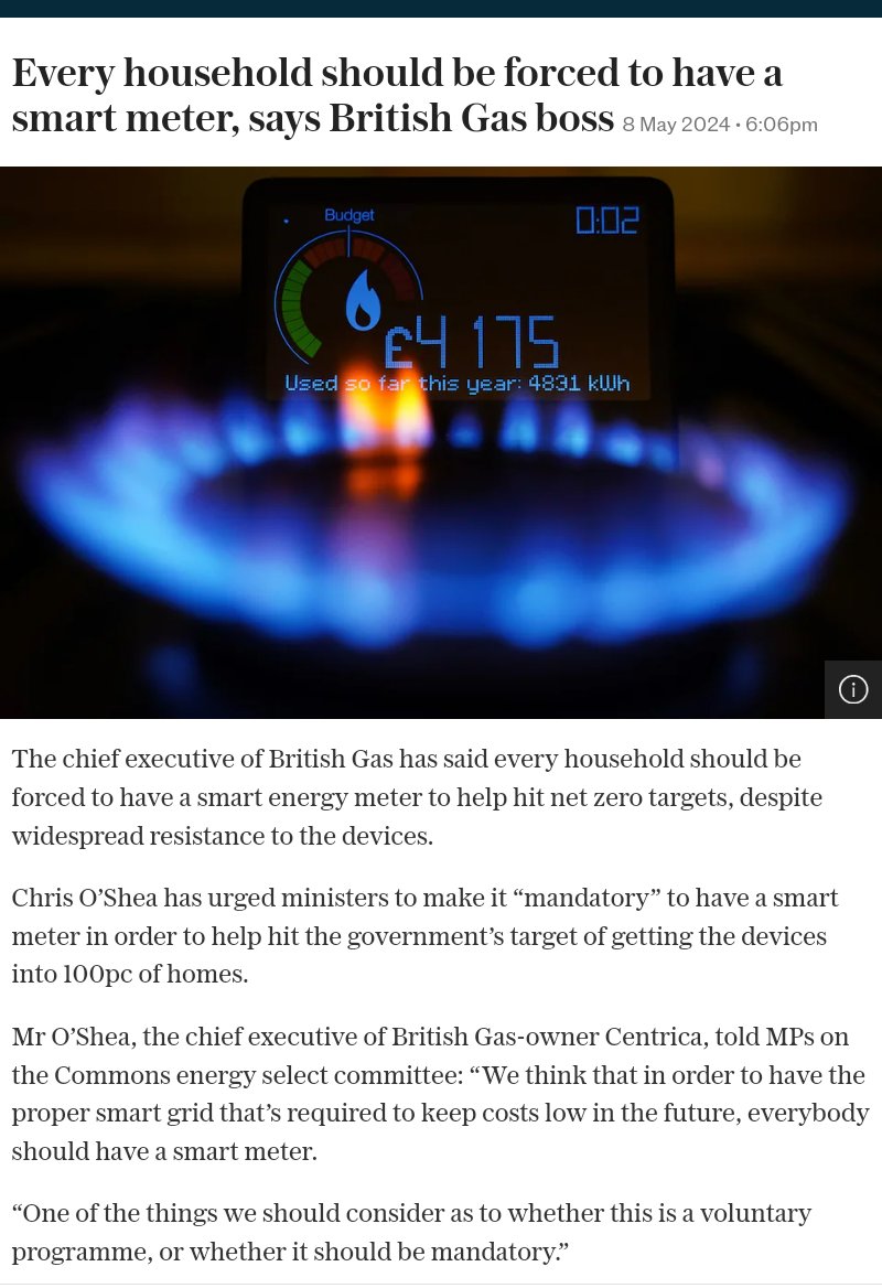 Mr O’Shae said 36pc of his 7.5m customers have ignored multiple offers to install a smart meter and around 600,000 had actively told British Gas they would never accept the devices. So what? When did freedom of choice disappear in the UK? telegraph.co.uk/business/2024/…