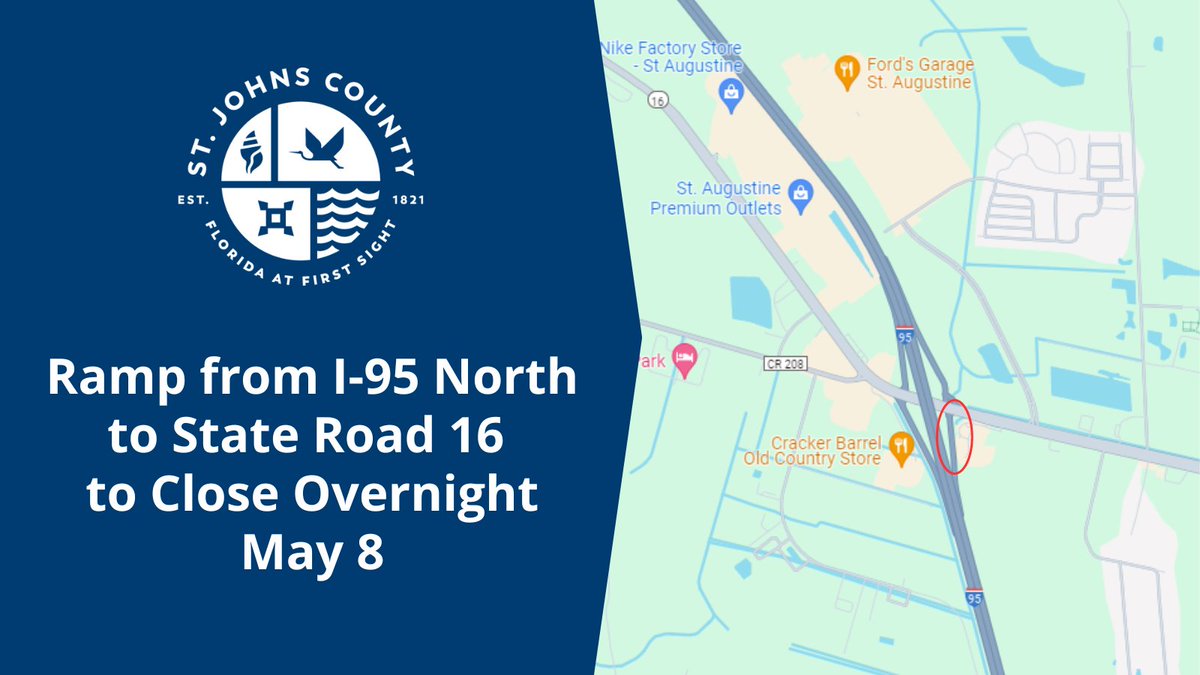 🔴 @MyFDOT_NEFL will close the ramp from I-95 North to State Road 16 for interchange improvements. 🚫

📅 Date: TODAY, Wednesday, May 8
🕗 Closure Time: 8 pm
🕕 Reopen Time: by 6 am, Thursday, May 9

#MYSJCFL