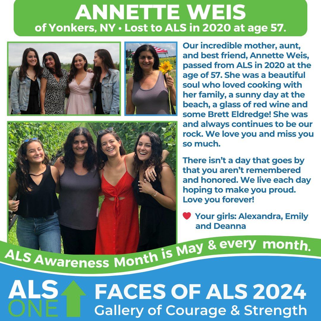 #ALSawarenessMonth #FacesofALS: Annette Weis of Yonkers, NY. Our incredible mother, aunt, & best friend, Annette Weis, passed from ALS in '20 @ age 57. She was a beautiful soul who ❤️'d cooking w/her family, a ☀️day at the 🏖, a glass of 🍷& some @bretteldredge! She was & (1/2)