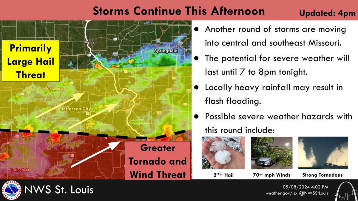 UPDATE FOR TODAY: More storms coming, all hazards possible. Yellow area is in primarily a large hail threat. Red area has greater chance at seeing damaging wind and tornadoes. #mowx #ilwx #stlwx