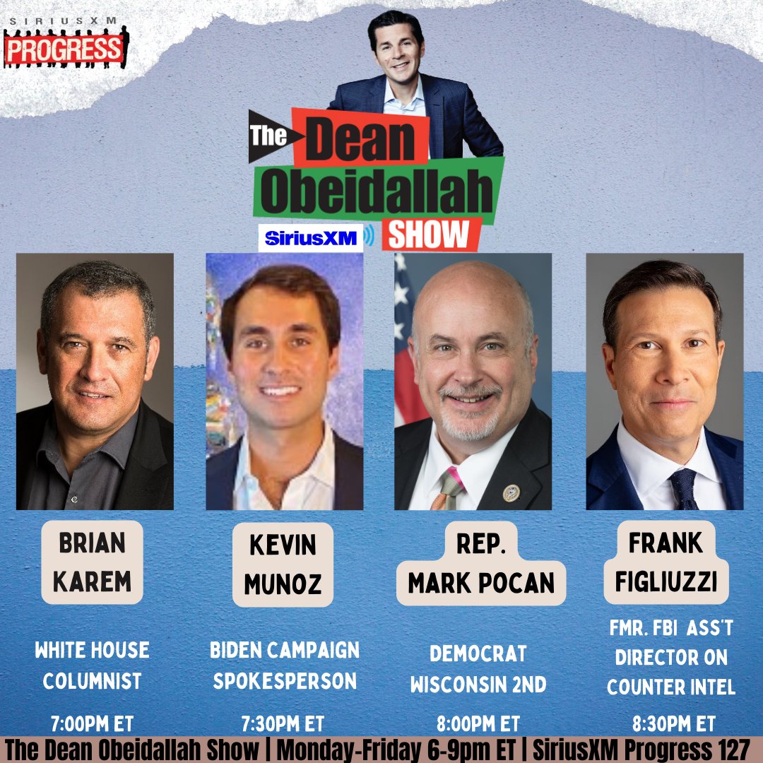 The Dean Obeidallah Show is live! @DeanObeidallah is here to break down the news from the day! Joining him today is @BrianKarem, @munozka315, @RepMarkPocan, and @FrankFigliuzzi1! ☎️: 866-997-4748 🔊: SiriusXM.us/Dean