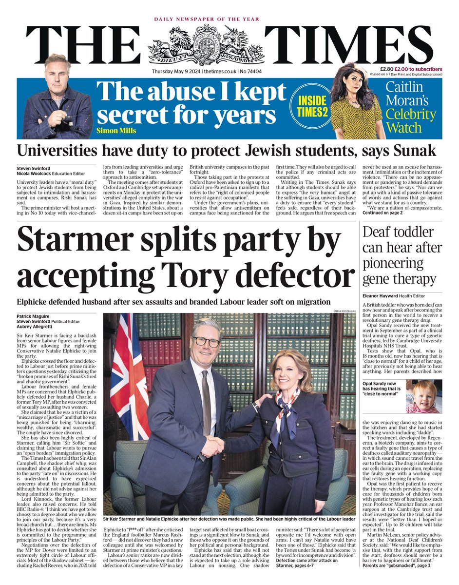 TIMES: Starmer splits party by accepting Tory defector #TomorrowsPapersToday