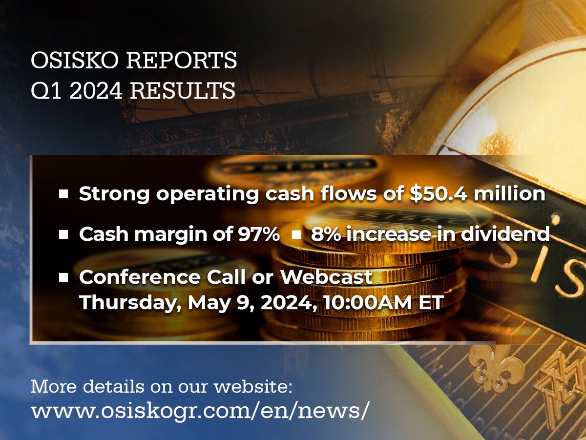 After the close tonight, Osisko reported Q1 2024 results highlighting a great start to the year. More details can be found on our website at osiskogr.com/en/news Join our conference call or webcast tomorrow at 10am ET. #mining #miningnews #osiskogoldroyalties