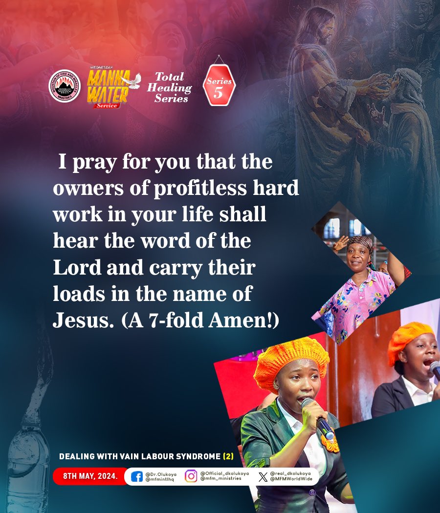 Excerpts from tonight’s Healing Manna Water Sermon Topic: DEALING WITH VAIN LABOUR SYNDROME (2) Text: Luke 5:1–7; John 21:1-6 A sign of the vain labour syndrome is never receiving compensation that is commensurate with one’s work. An indication of vain labour syndrome is