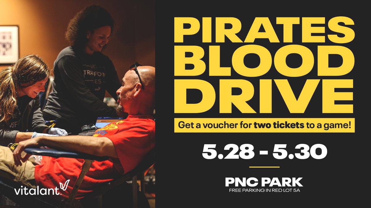 The Pittsburgh Pirates Blood Drives at PNC Park are back! Don't miss your opportunity to donate blood to help hospital patients right here in Pittsburgh. Visit vitalant.org/pirates to make your appointment today!