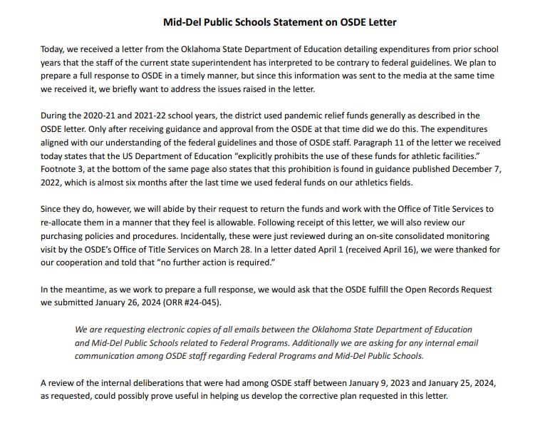 NEW: Mid-Del Public Schools reacts to the Oklahoma State Department of Education's 'Letter of Warning and Request for Remediation.' The OSDE alleges that Mid-Del misspent $573,588 in federal funds for 'athletic lawn services.' @OKCFOX @AdamKing_News @wsuares