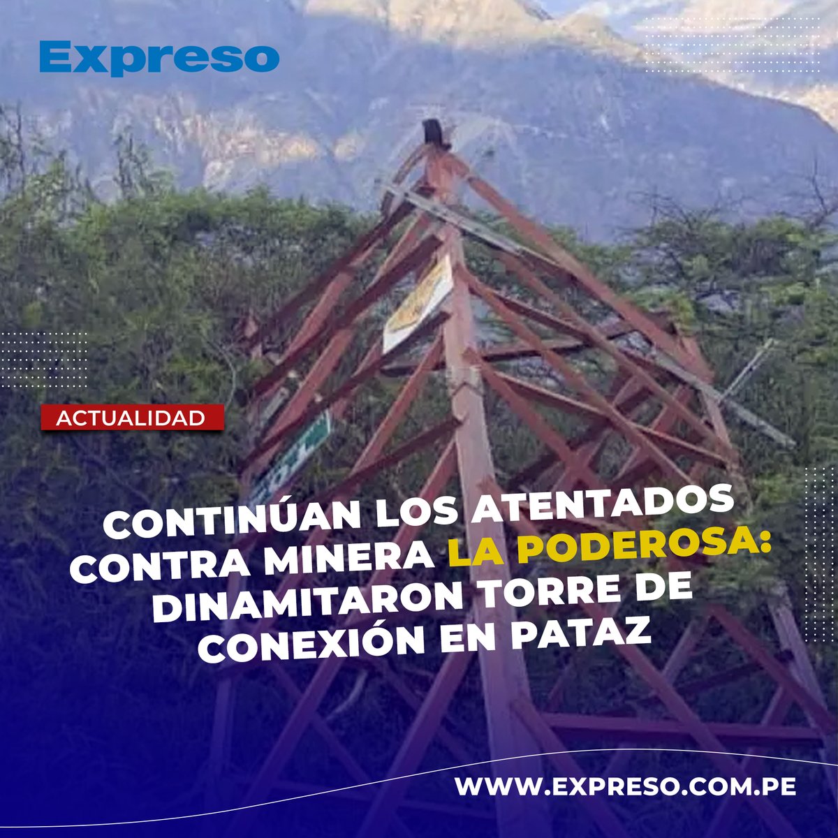 🚨 Un nuevo acto de terrorismo acaba de ocurrir contra la minera La Poderosa, en Pataz. En la madrugada de hoy, miércoles 8 de mayo, se destruyó con un artefacto explosivo la torre número 55, dejando sin luz a importantes unidades mineras como Marañón y Santa María. Sin embargo,…