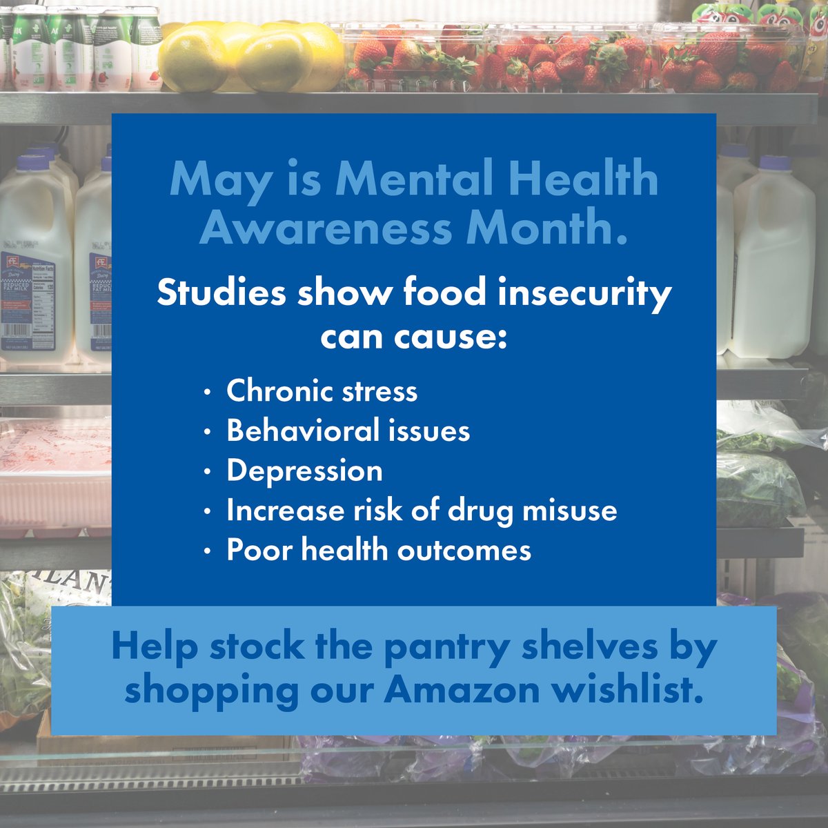 May is #MentalHealthAwarenessMonth, and the connection between food insecurity & mental health struggles is sobering. Help us fight hunger in our community by stocking the shelves at our two food pantries: a.co/cjYl0dq Thank you for your support!