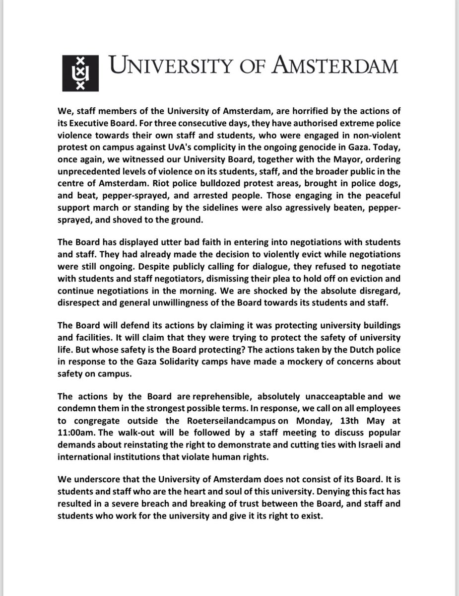 UvA for Palestine statement on the two brutal evictions in three days — please share widely