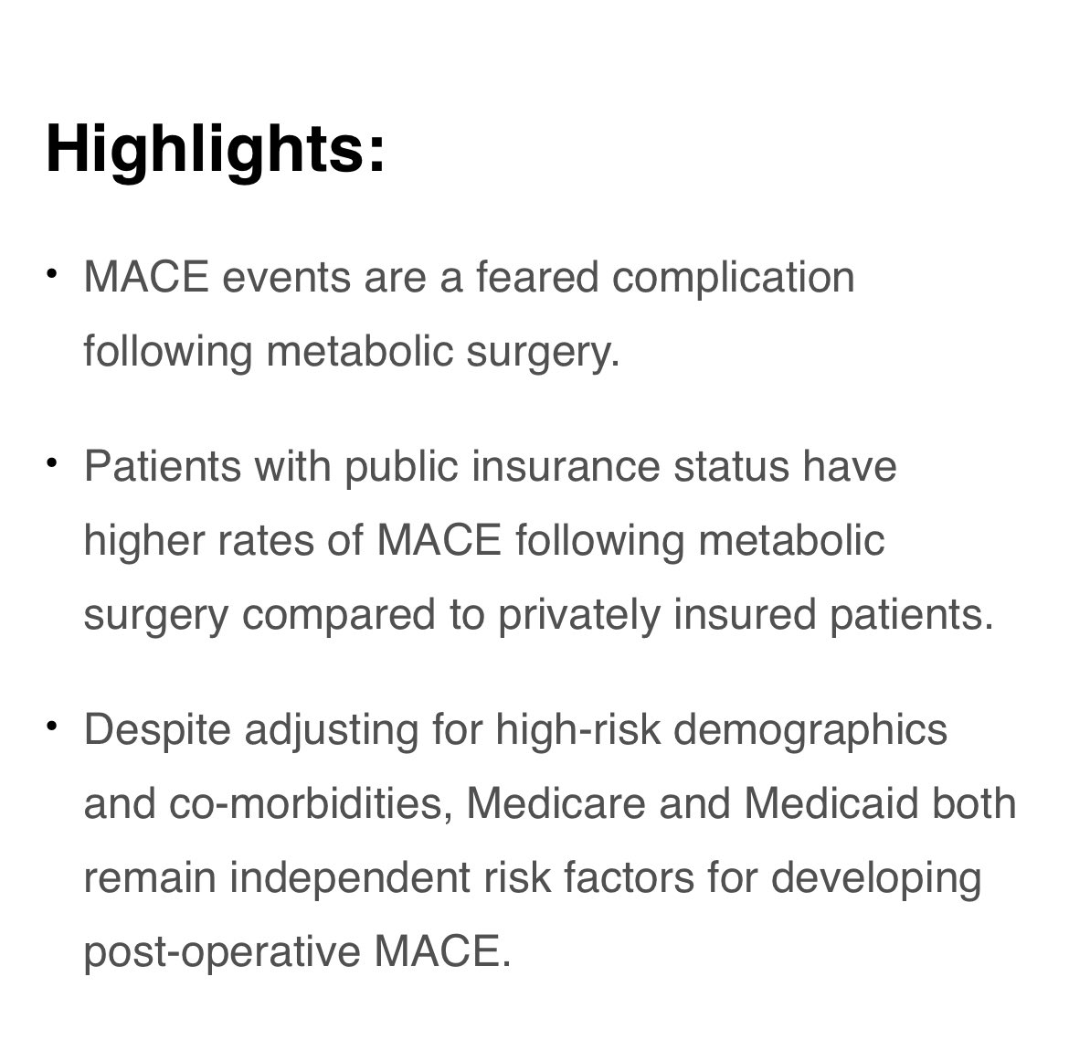 📣 Now IN PRESS ⚠️ Patients with public insurance have ⬆️ rates of MACE following #BariatricSurgery 📈 Incidence of MACE was higher in both Medicare (0.75% vs 0.11% p<0.001) and Medicaid (0.15% vs. 0.11% p<0.001) groups compared to privately insured bit.ly/44BBz20