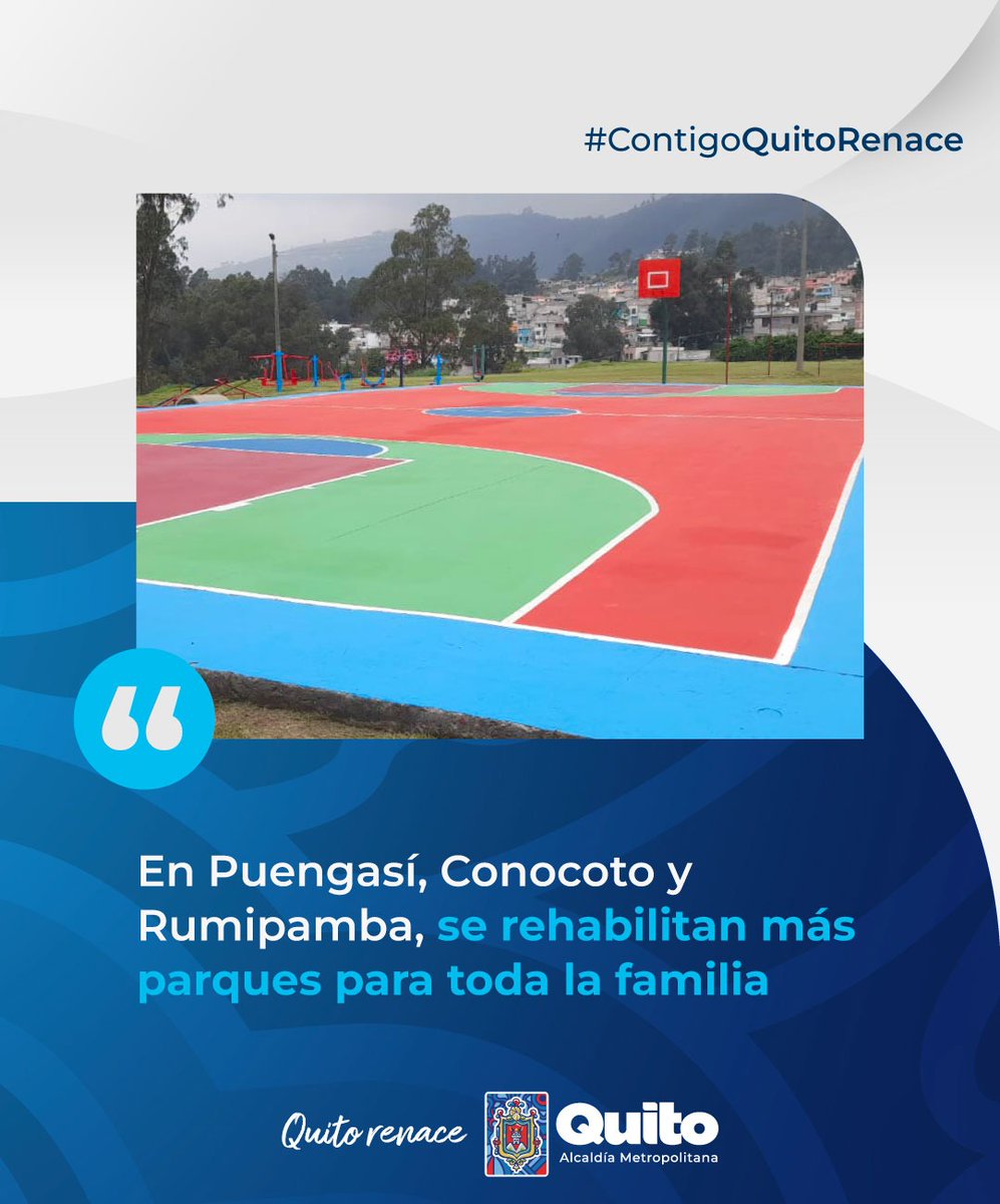 🏞️#EspaciosPúblicos | Zonas de calidad para las familias 🏞️

Rehabilitamos 3️⃣ parques en #Puengasí, #Conocoto y #Rumipamba para el disfrute de toda la comunidad con:

🛝Juegos infantiles
🪑Mobiliario
⚽Canchas deportivas, entre otros.

Más 👉 bit.ly/4b9fkCU

#QuitoRenace