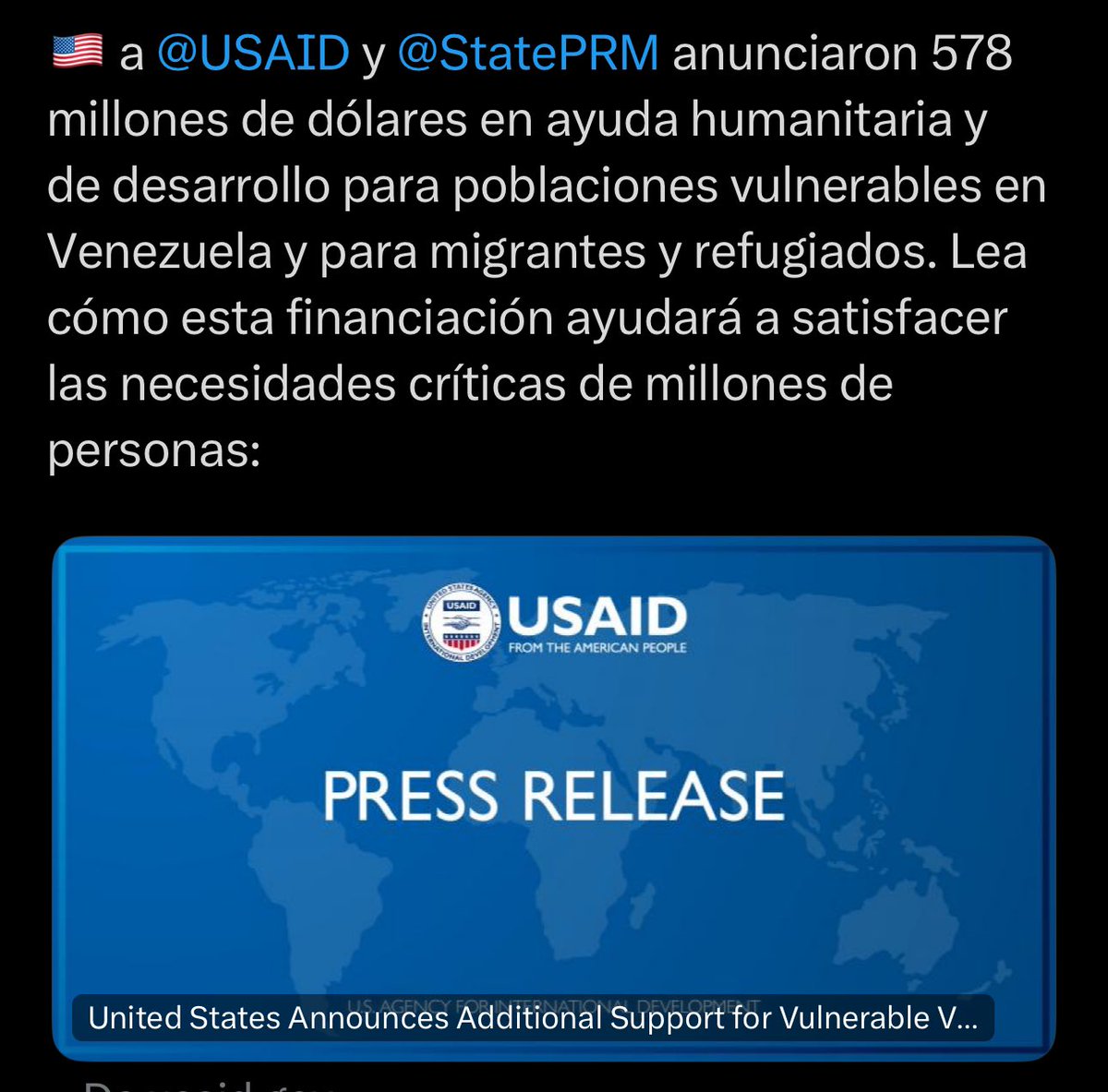 La @USAID es una agencia de operaciones políticas encubiertas. Farsantes y mentirosos, los EEUU instrumentaliza la migración en contra de Venezuela y promueve sanciones contra el pueblo venezolano. Como de costumbre esos dólares, dirigidos a la conspiración, irán a los bolsillos…