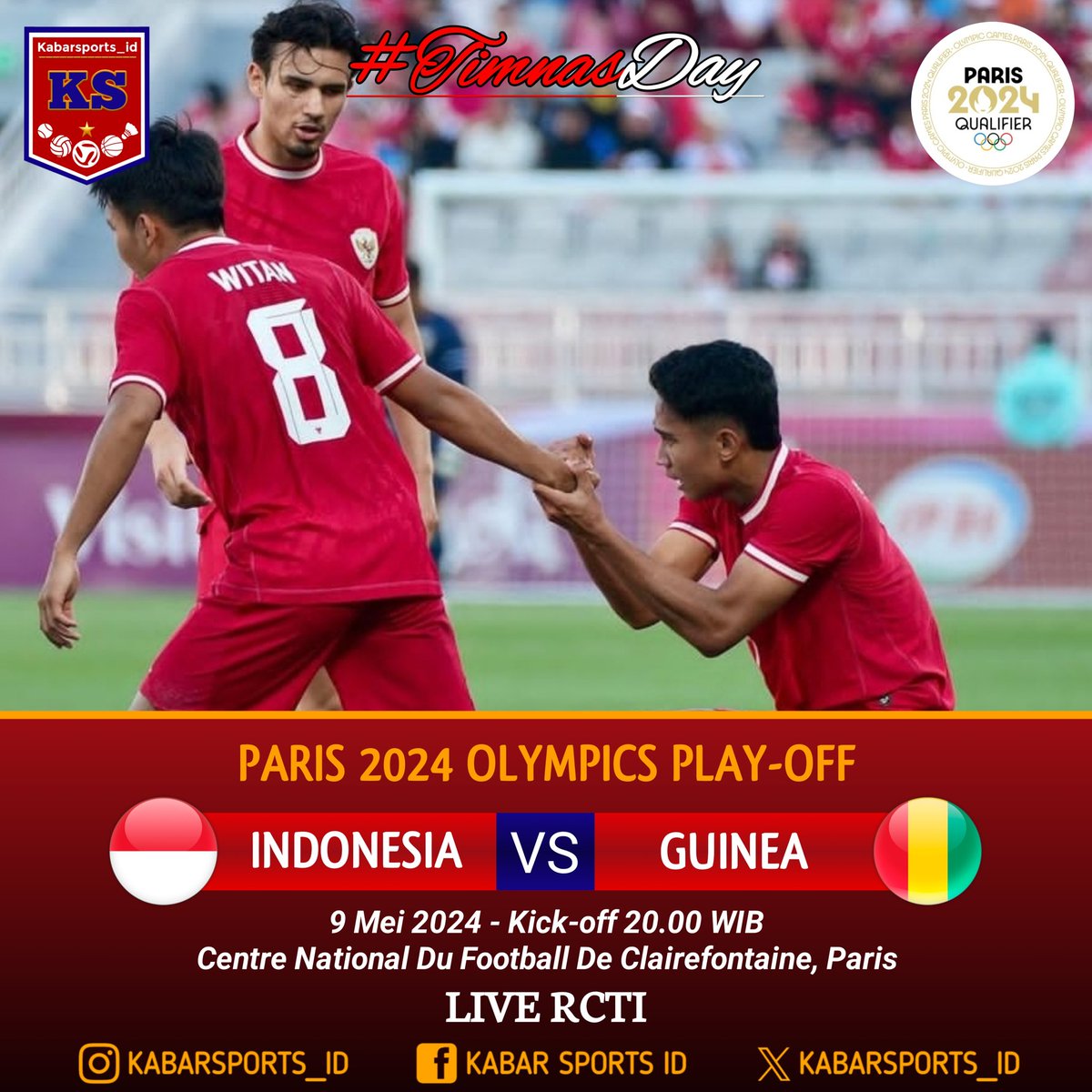 #TimnasDay 🇮🇩⚽
Paris 2024 Olympics Play-off

Indonesia 🇮🇩 vs 🇬🇳 Guinea
• Kick-off 20.00 WIB
• Live RCTI

Good Luck 🇮🇩❤🦅

#Playoff #RoadToOlympic #OlympicQualifiers #TimnasIndonesia #TimnasU23 #KitaGaruda #SepakbolaIndonesia #OlahragaIndonesia