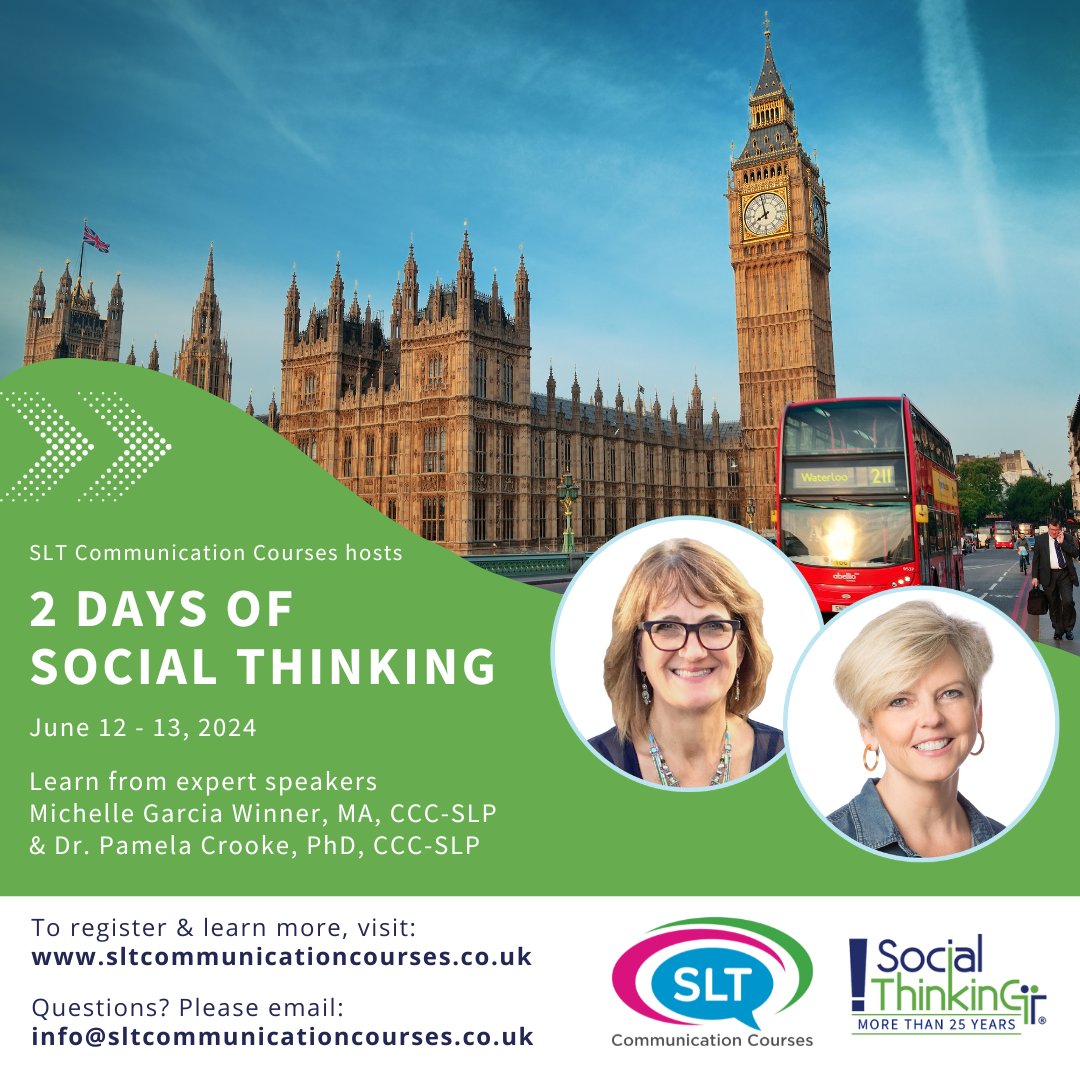 🎉 Exciting News! 🇬🇧 Join Michelle Garcia Winner &amp; Dr. Pamela Crooke in London for 2 Days of Social Thinking, hosted by our friends at SLT Communication Courses! June 12-13, 2024. Learn more &amp; register bit.ly/3JSg57l

#socialthinking