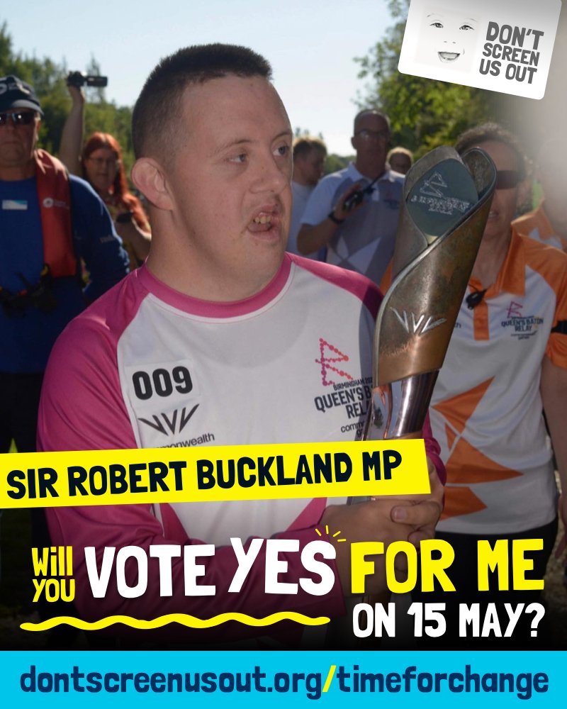 Sam lives in your constituency @RobertBuckland Will you vote in support of Sam and other people with Down’s syndrome on 15 May - and vote YES to @LiamFox Down’s Syndrome Equality Amendment? Find out more + ask your MP to vote YES on 15 May here: ➡️dontscreenusout.org/timeforchange/