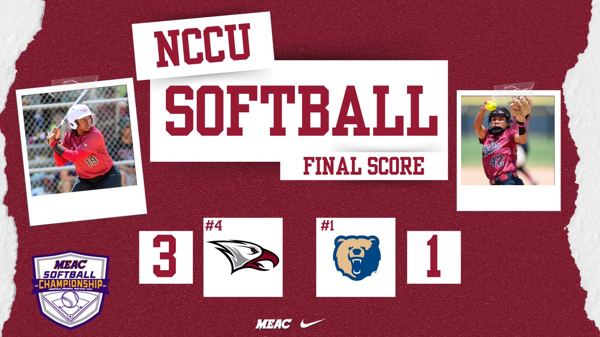 FINAL SCORE! The fourth-seeded NCCU softball team picked up another win on day one of the 2024 MEAC Softball Championship, knocking off top-seeded Morgan State. Jaylah Barr (left) hit a 3-run homer and Jaden Davis (right) earned her second pitching win of the day. #EaglePride