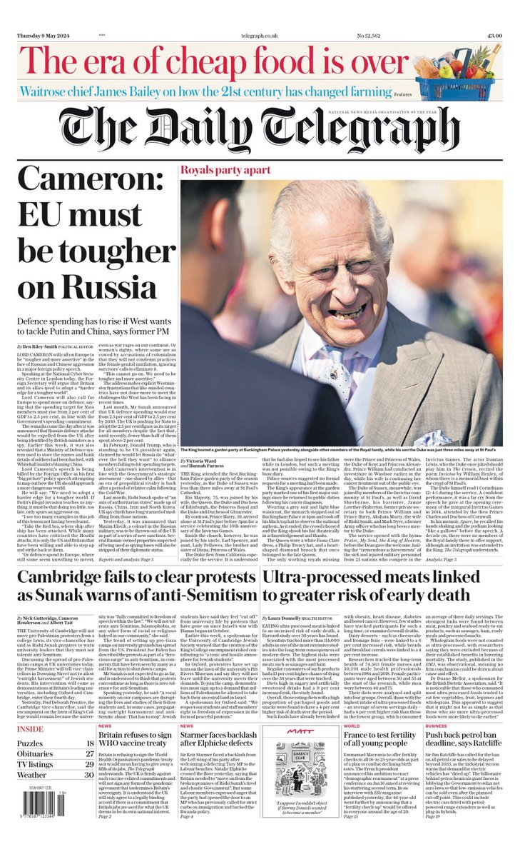 TELEGRAPH: Cameron; EU must be tougher on Russia #TomorrowsPapersToday