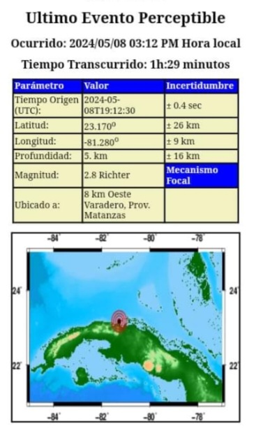 Confirma Cenais sismo en la provincia de Matanzas.. A 5.5 kilómetros de profundidad, a 8 km al oeste d Varadero.