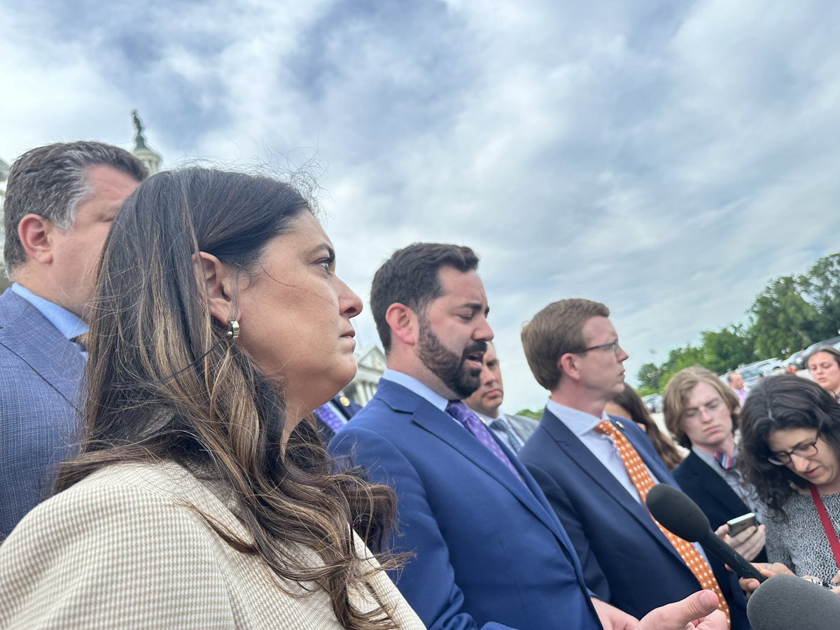 A group of them, including Reps. Dusty Johnson, Kelly Armstrong, Monica De La Cruz, Stephanie Bice, Nick LaLota and Anthony D’Esposito and Mike Lawler are talking to reporters outside the Capitol — slamming MTG’s MTV.